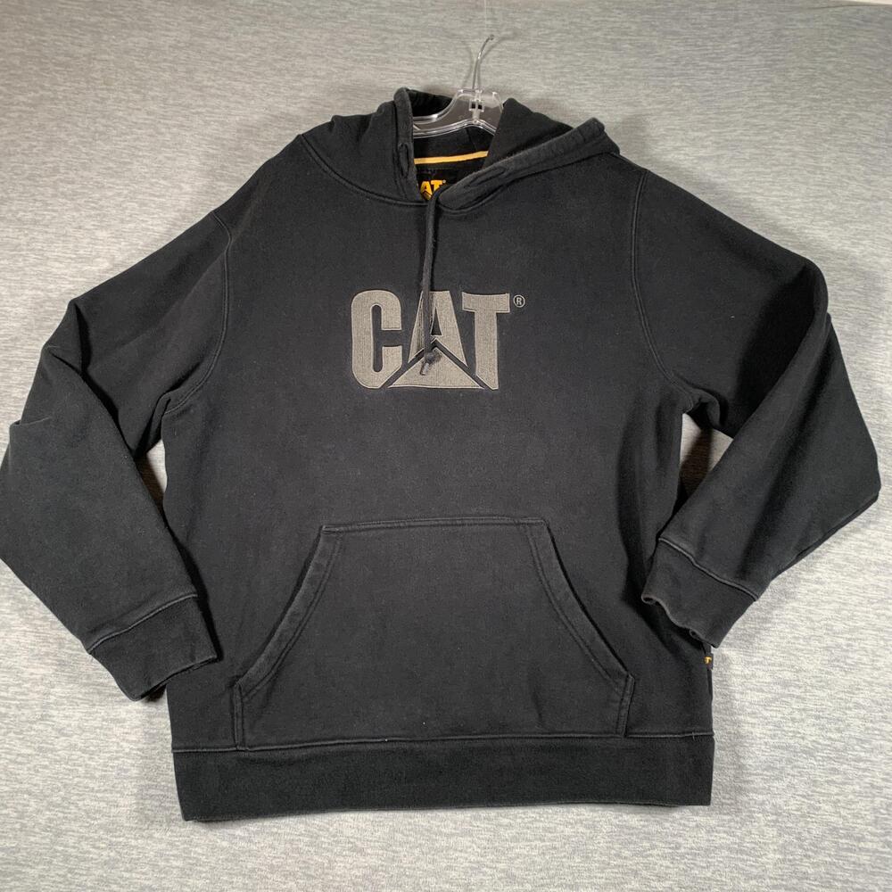 CAT Hoodie Mens XL Black Pullover Fleece Kangaroo Pocket Logo Workwear Graphic